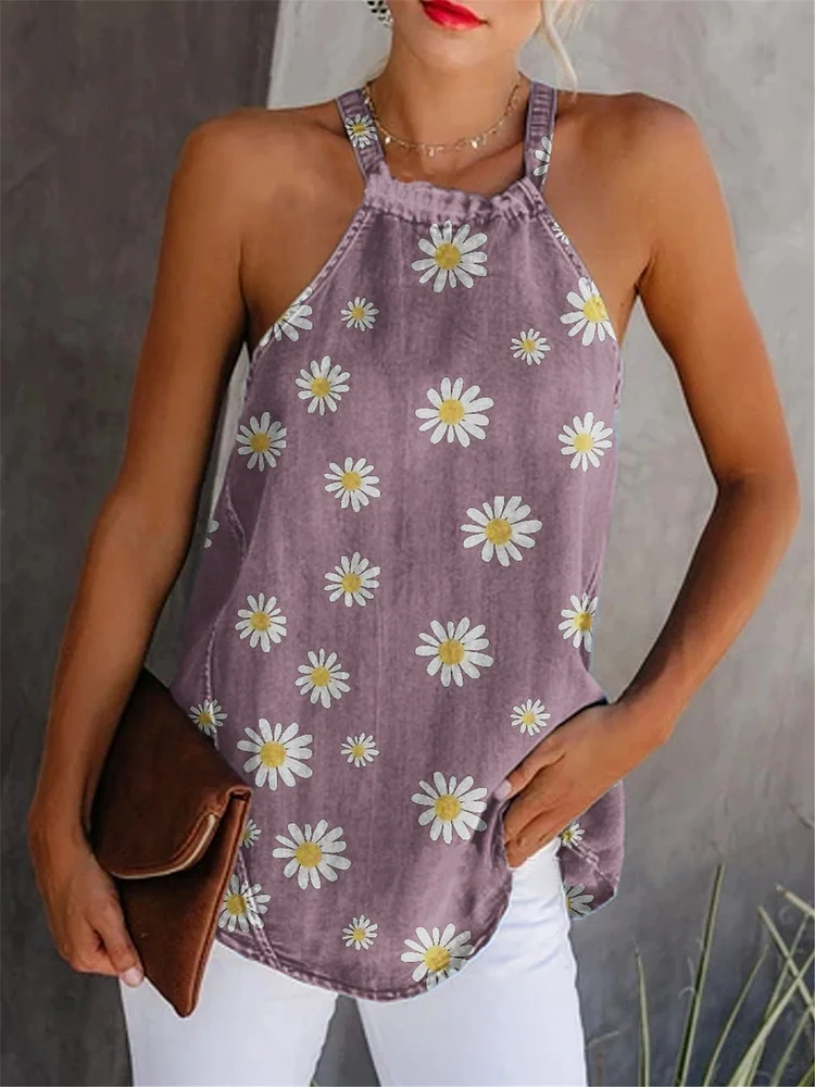 Cotton and linen wrinkle chrysanthemum print top