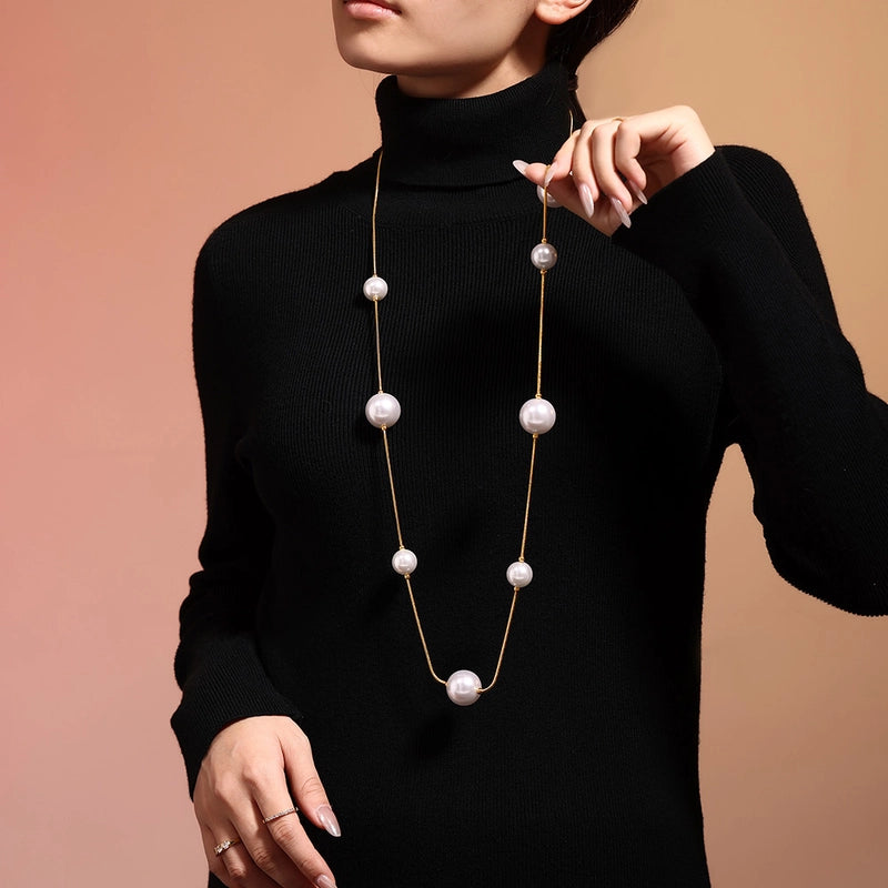 Europe And America Geometric Highlight Shell Pearls Sweater Chain Stainless Steel 18K Gold Plated PVD Long Sweater Accessories