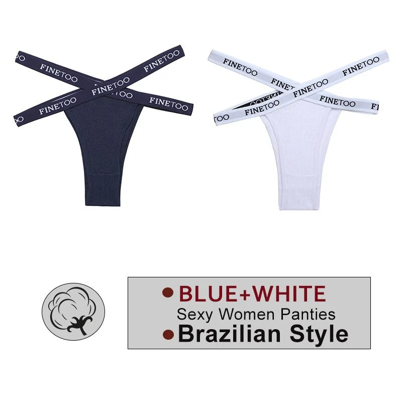 FINETOO 2PCS/Set Women's Cotton Letter Panties Hollow Out Brazilian Pantys Fashion Thong Femme Cross Strap Sexy Woman Underwear