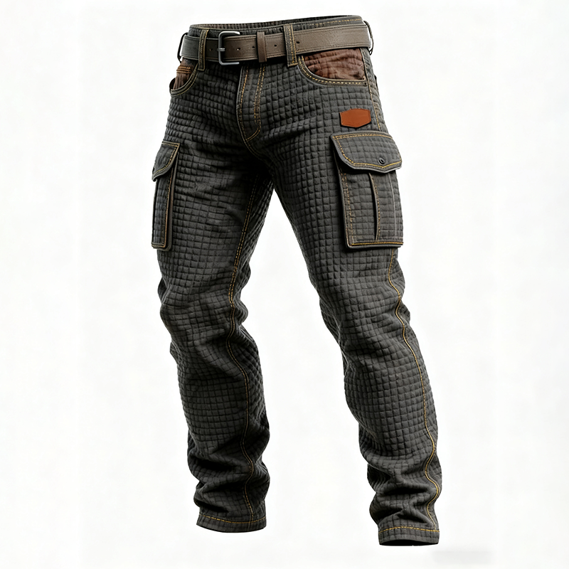 Men's Autumn/Winter New Outdoor Knitted Checkered Fabric Multi-Pocket Design Workwear Casual Trousers-inspireuse