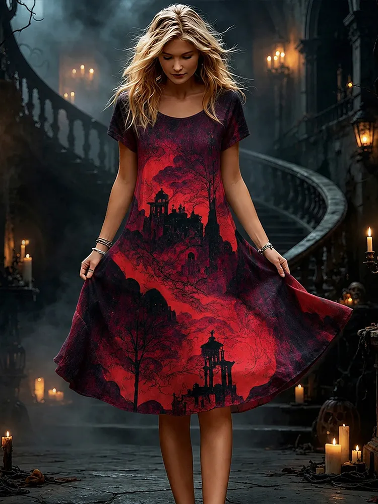 Women's Gothic Dark Castle Red Sky Halloween Print Casual A-line Skirt artswardrobe