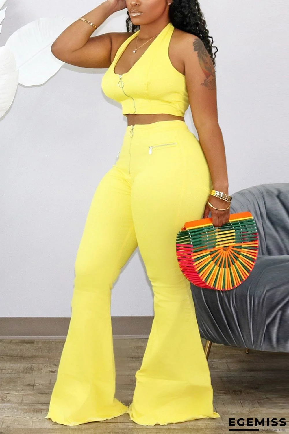 Yellow Sexy Solid Loose Sleeveless Two Pieces | EGEMISS