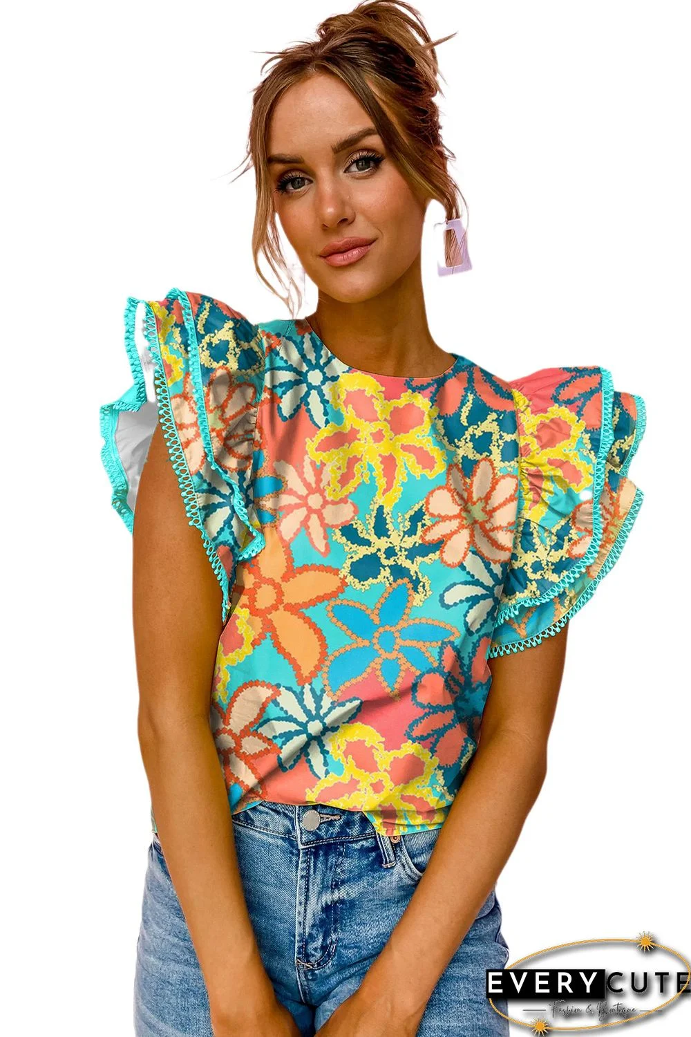 Green Vibrant Floral Print Trimmed Ruffle Sleeve Blouse