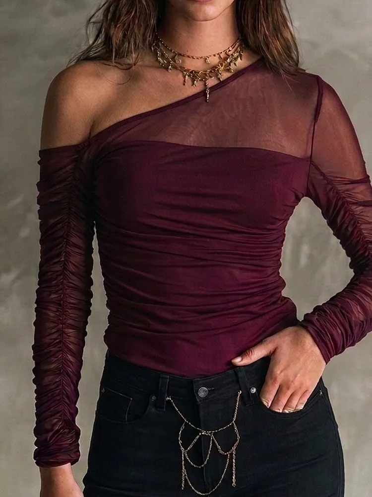 Asymmetric Off Shoulder Burgundy Mesh Ruched Long Sleeve Top