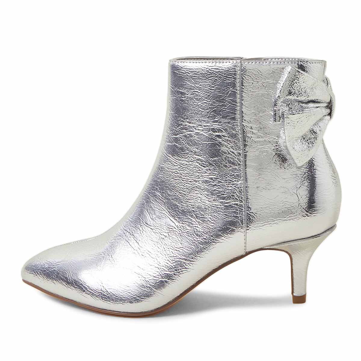 Silver Metallic Faux Leather Pointed Toe Modern Ankle Boots with Heels Nicepairs