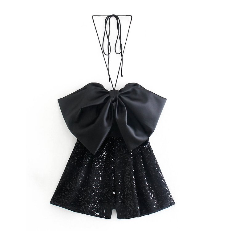 Bow Tie Top 2022 Black Sequins Jumpsuit Women Sexy Halter Party Shine Summer Backless Romper Sleeveless Club Playsuit Outfits - Life is Beautiful for You - SheChoic