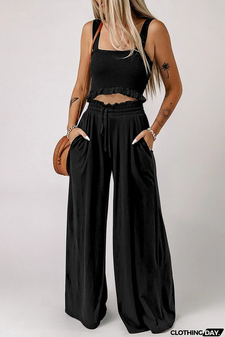 Square Neck Cropped Tank Top and Long Pants Set