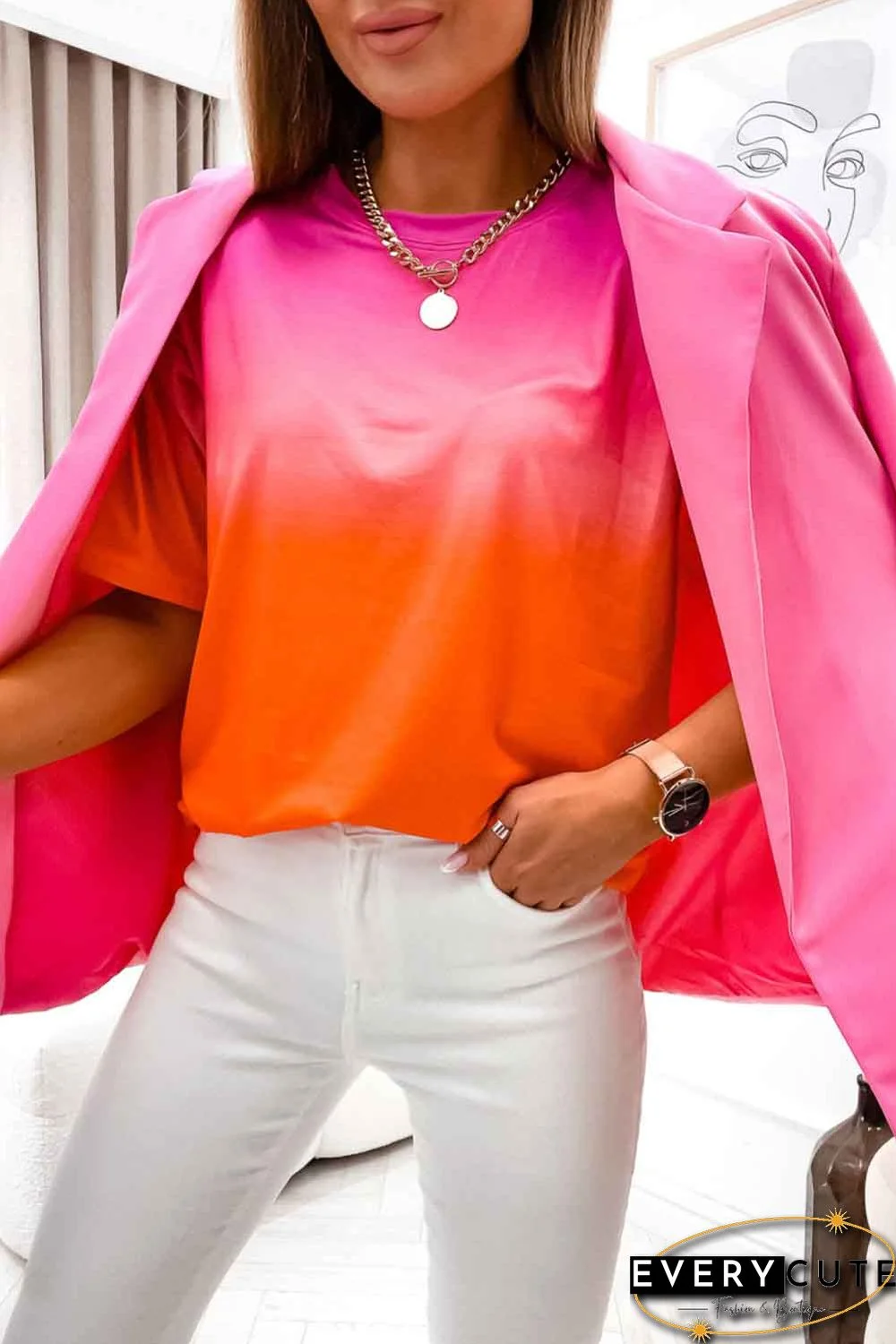 Orange Gradient Short Sleeve Round Neck T-Shirt