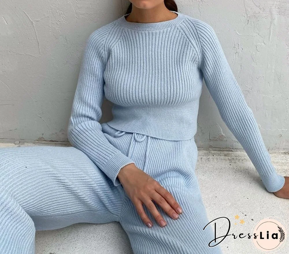 Knit Pullover Sweater Suit 2 Pieces Set Solid Women Tracksuit O Neck Sweater Long Pant New Fashion Chic Casual Knitted Outwear