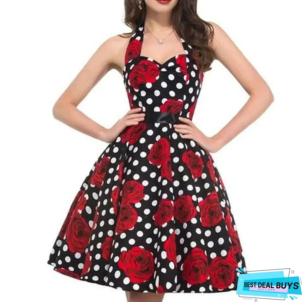 Sexy Halter Party Dress Retro Polka Dot Vintage Dresses Elegant Midi Dress