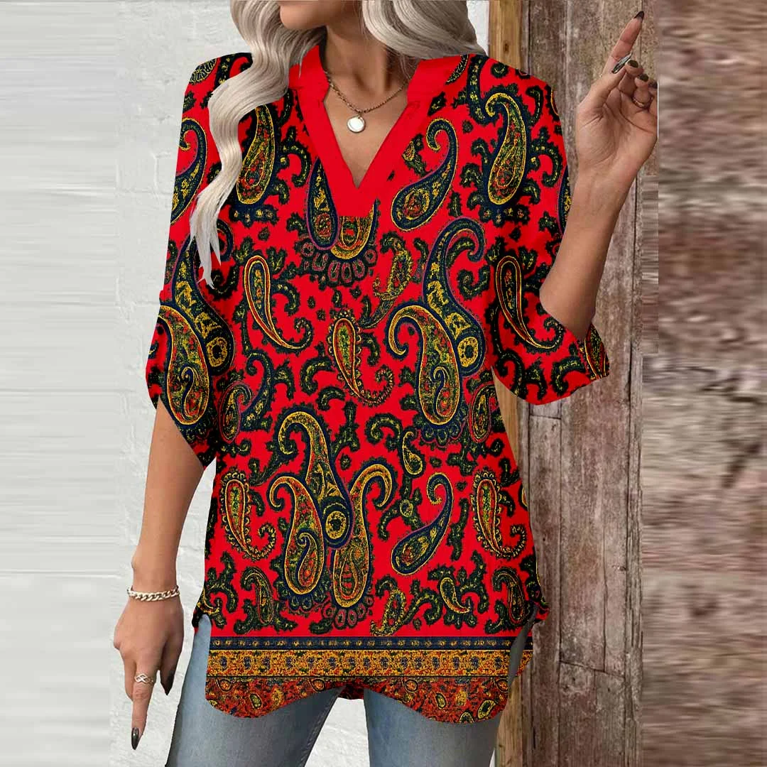 Women Ethnic, Red, Floral DZGA0493 3/4 Sleeve V-neck Printed Graphic Button Tops