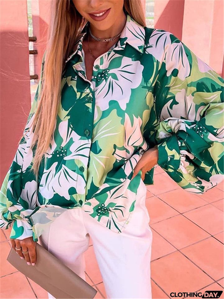 Women Floral Printed Turn-Down Collar Blouses
