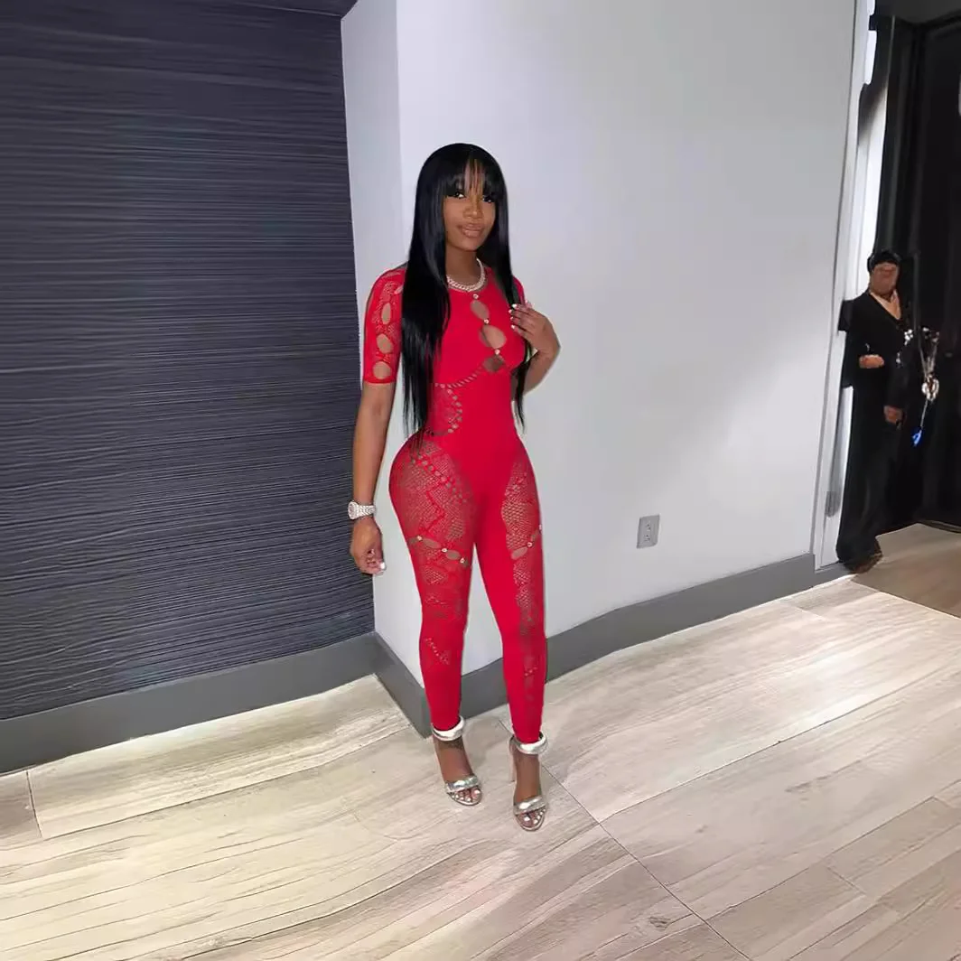 Uveng Uveng Female Solid Color Round Collar Hollow Short Sleeve Lace Sexy Body Knit Short Sleeve Jumpsuit