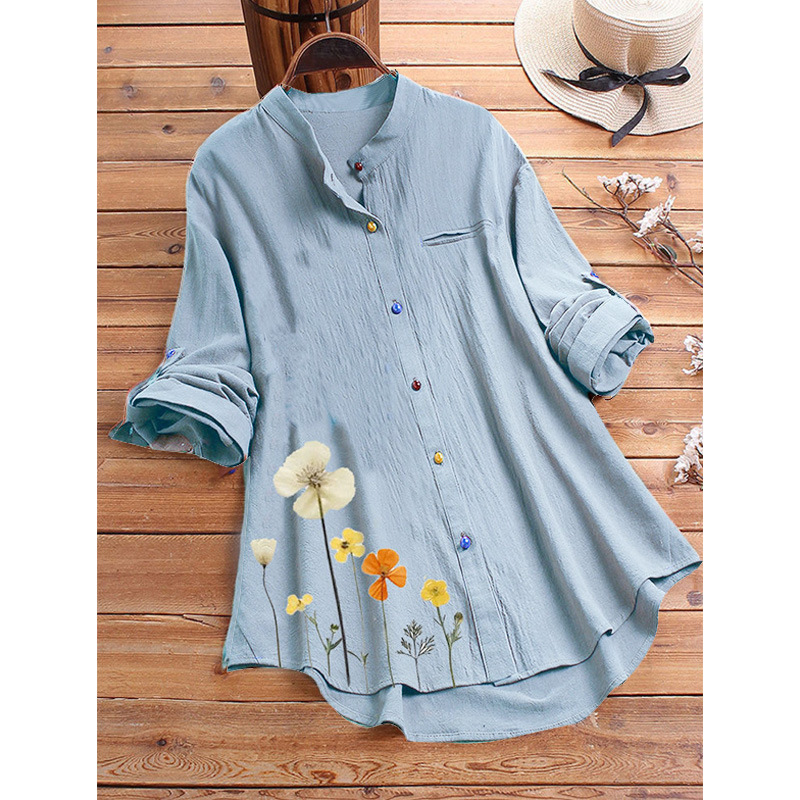 Women's Loose Cotton Linen Stand Collar Floral Printed Blouse Shirts