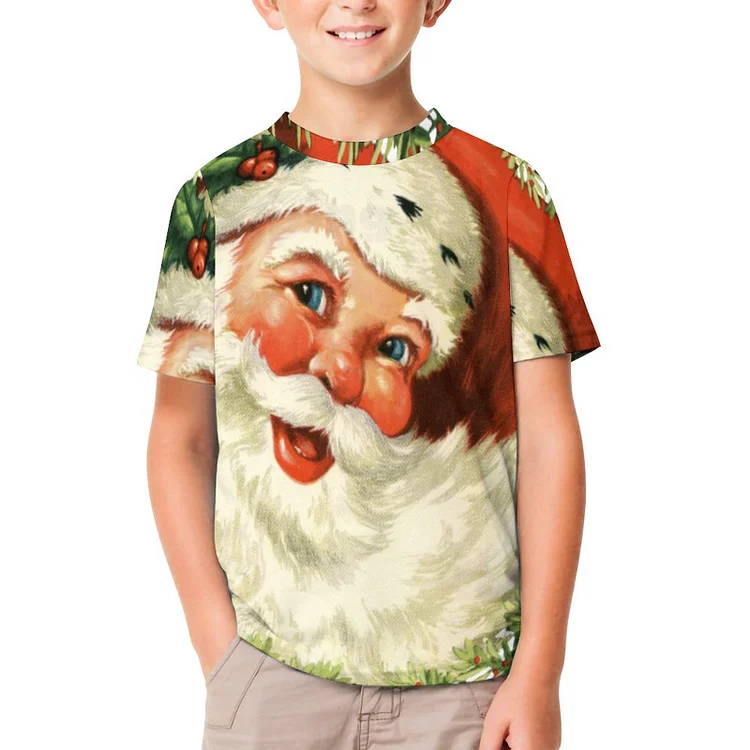 Retro Cute Chubby Santa Wreath Holiday Christmas Round Boys Girls T-Shirts Kids Casual All over Print Graphic Short Sleeve 3D Tee - Heather Prints Shirts