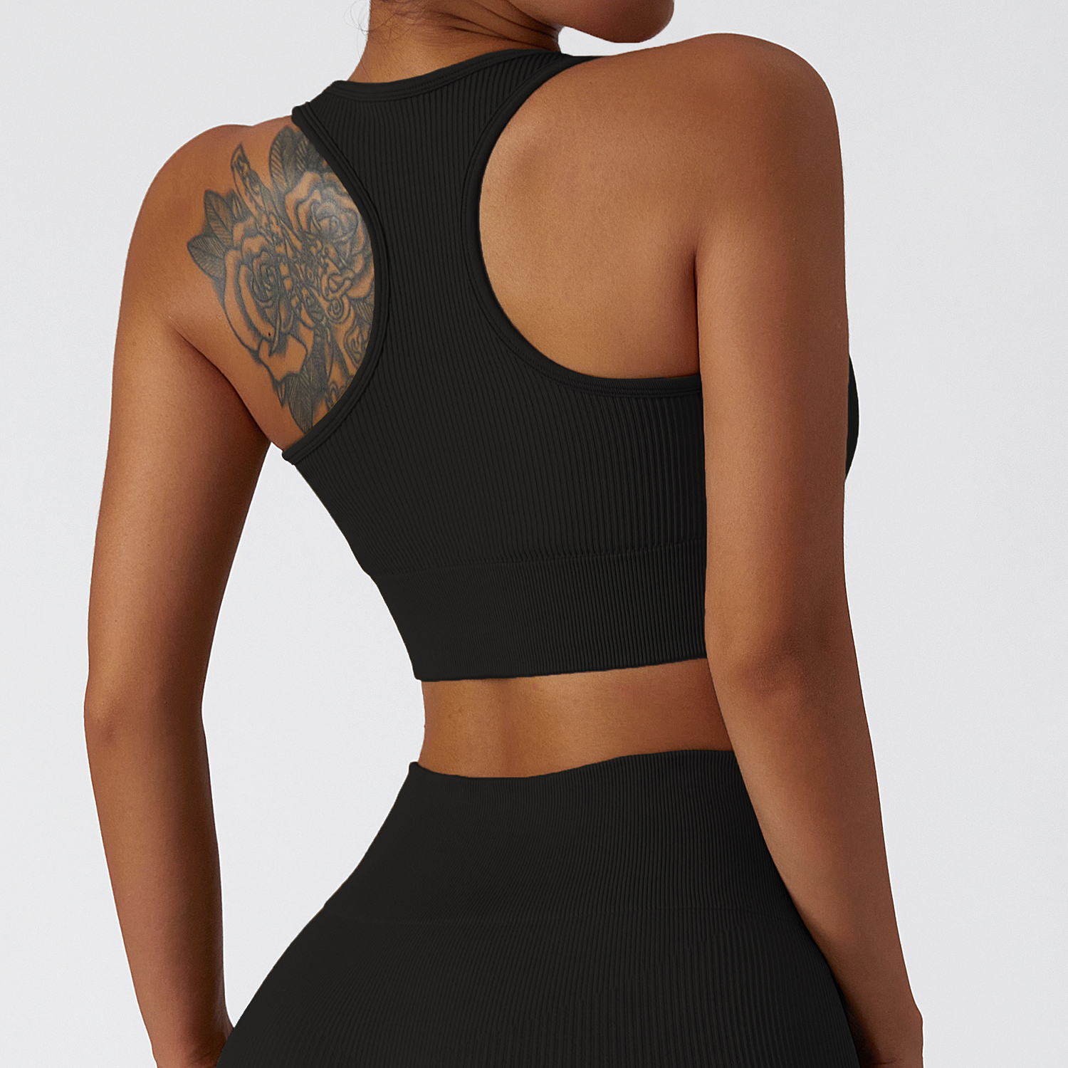 Buy Black different colors and types of racer back big u neck seamless ribbed nylon sports bra with removable cups on Hergymclothing