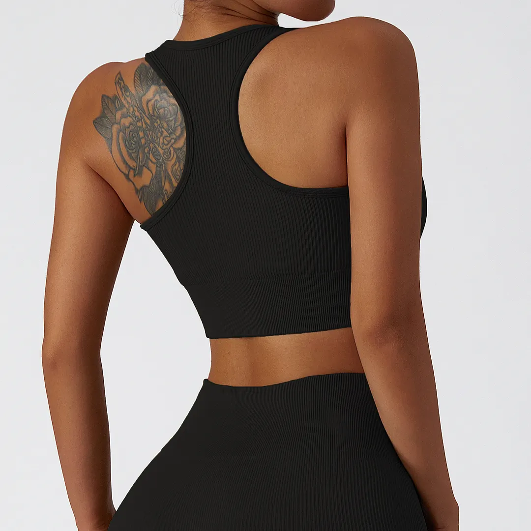 Buy Black different colors and types of racer back big u neck seamless ribbed nylon sports bra with removable cups on Hergymclothing