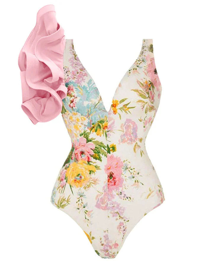 Fashion Floral Print Ruffle One-Piece Swimsuit Set