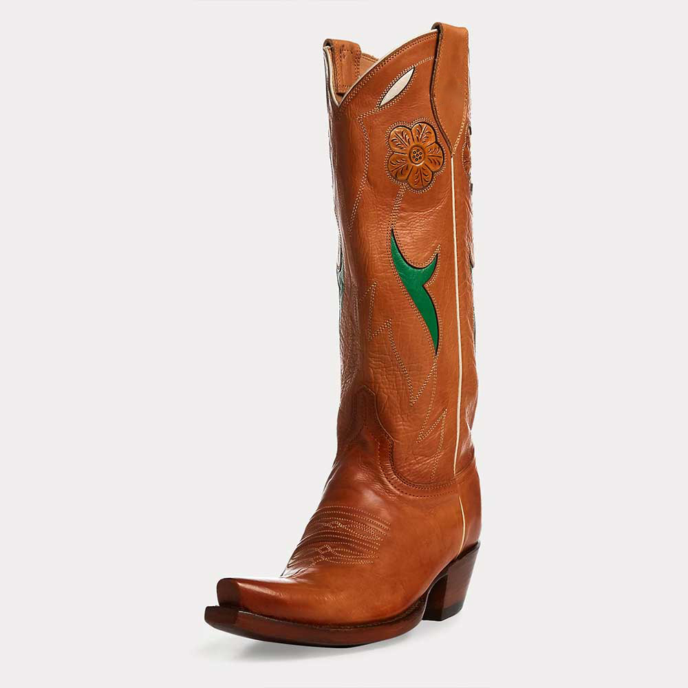 Tan Pointed Toe Flower Chunky Heel Mid Calf Cowboy Boots for Women
