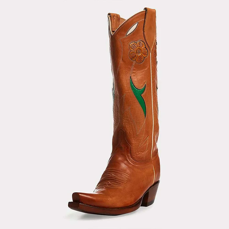 Tan Pointed Toe Flower Chunky Heel Mid Calf Cowboy Boots for Women |FSJ Shoes