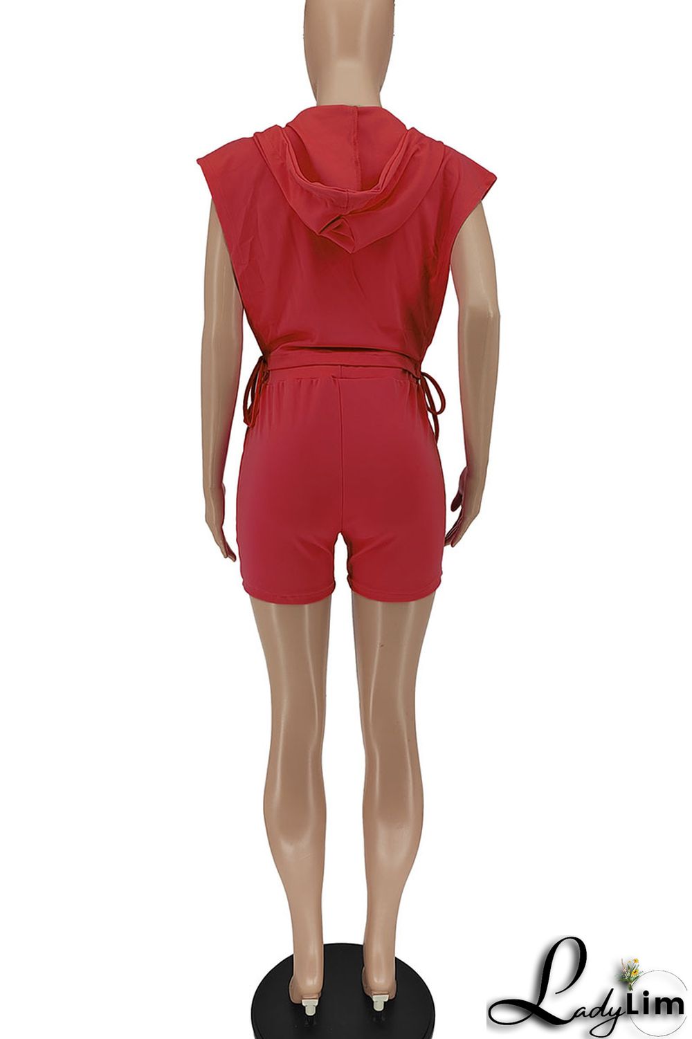 Rose Red Sexy Solid Split Joint Zipper Hooded Collar Sleeveless Two Pieces