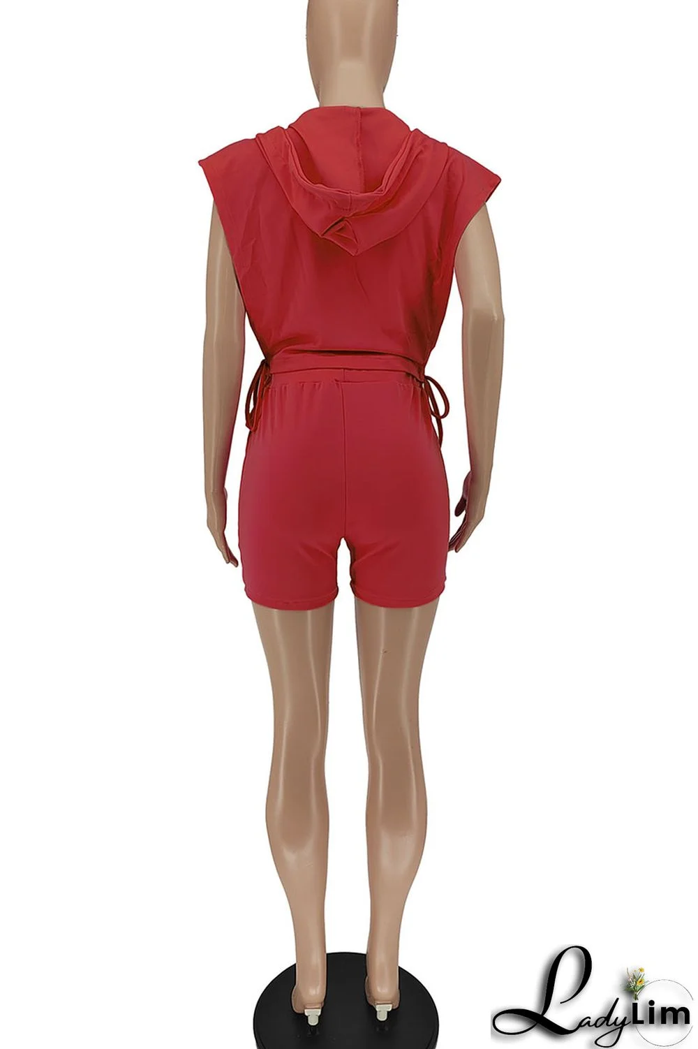 Rose Red Sexy Solid Split Joint Zipper Hooded Collar Sleeveless Two Pieces