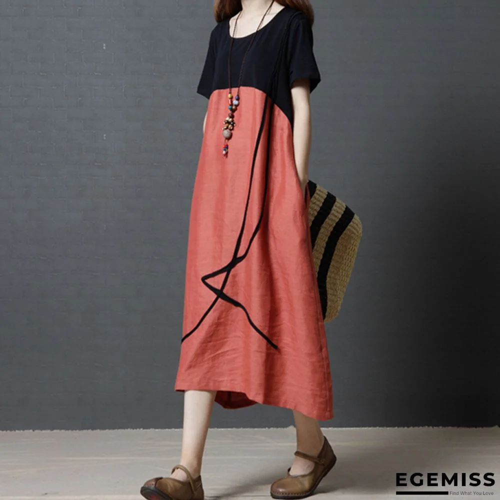 Loose Large Women's Fashion Cotton Linen Contrast Stitching Medium and Long Round Neck Dress | EGEMISS