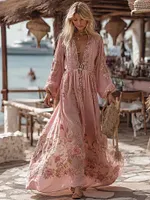 Women's Bohemian Style Rose Long-sleeved V-neck Dress