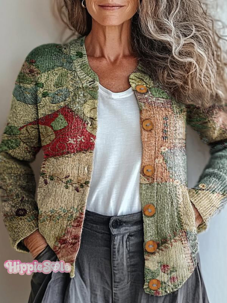 Vintage Imitation Of Old Patchwork Print Buttoned Cardigan Sweater Multicolor / S