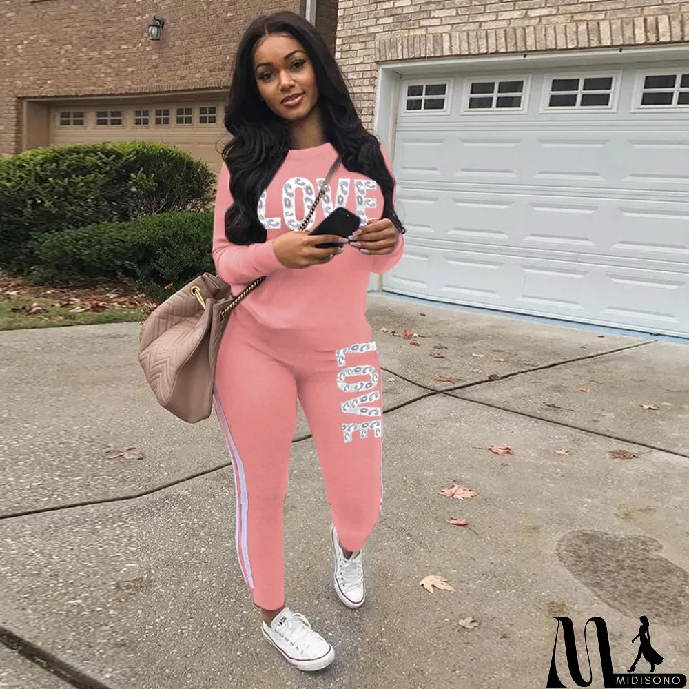 MidiSono - Plus Size Letter Print Long Sleeve 2 Piece Sets