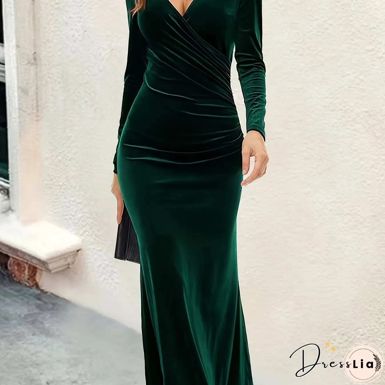 Solid Bodycon Midi Dress, Elegant V Neck Long Sleeve Dress, Women's Clothing