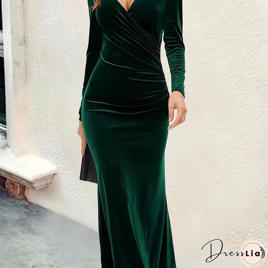 Solid Bodycon Midi Dress, Elegant V Neck Long Sleeve Dress, Women's Clothing