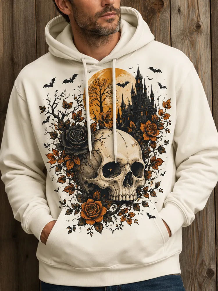 Men's Casual Hooded Sweatshirt In Off-white With Gothic Skull, Castle, Moon, And Rose Floral Print