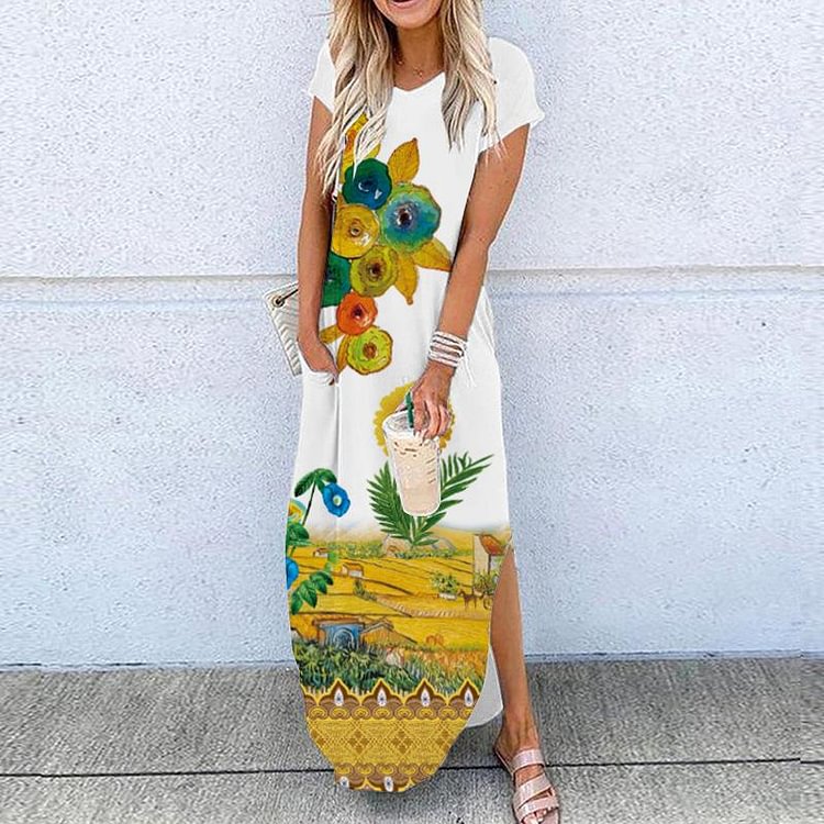 Loose Plus Size Printed Short-sleeved V-neck Dress-Mayoulove