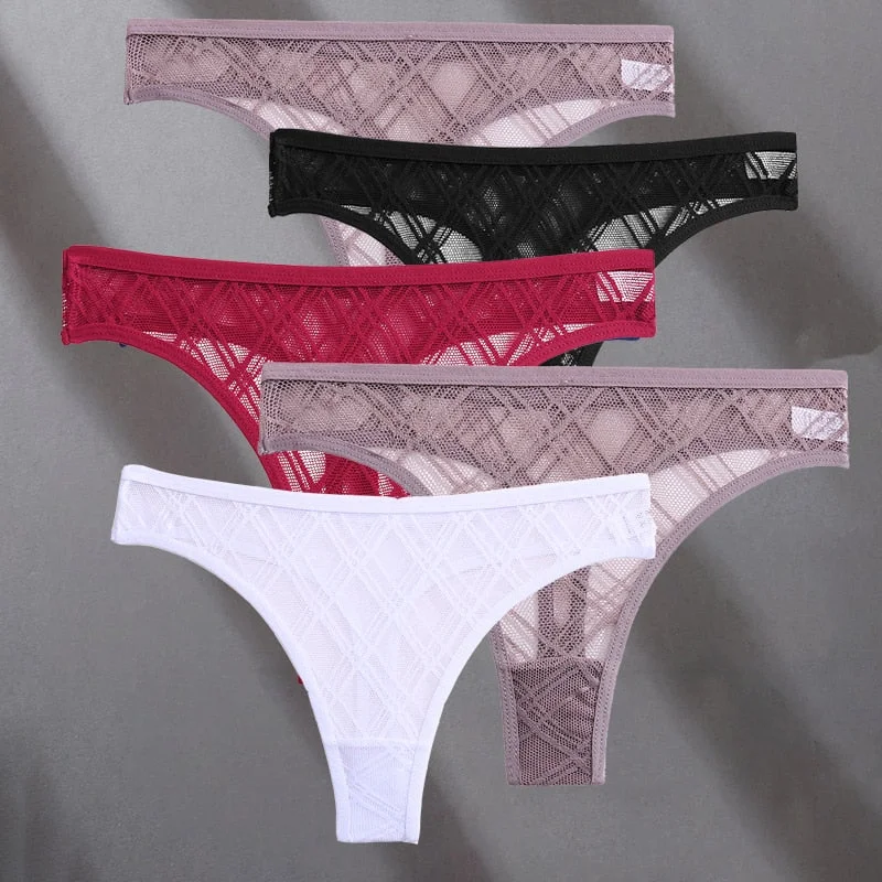 FINETOO 5PCS/Set Lace Sexy Women Thongs Floral Perspective G-string Lingerie Panties Low-Waist Femme Girls Underwear Mesh Pantys