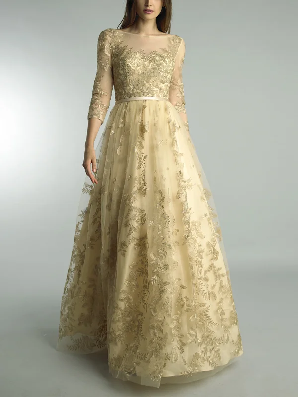 Round Neck Solid Color Lace Maxi Dress