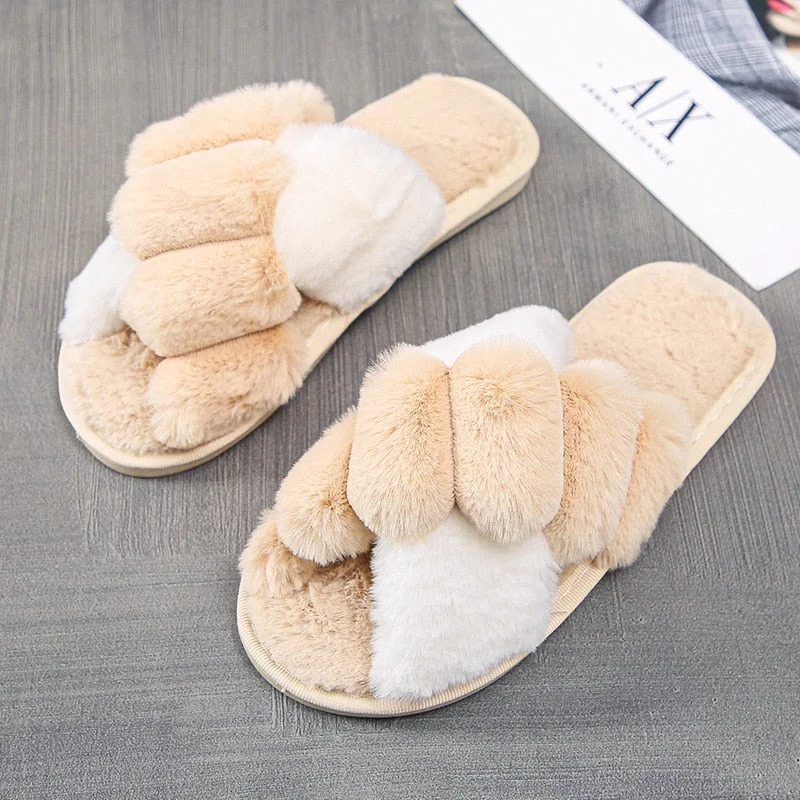 Winter Women Slippers Faux Fur Warm Shoes Women Slip on Flats Female Floor Slides home furry slippers Indoor House Flip Flops