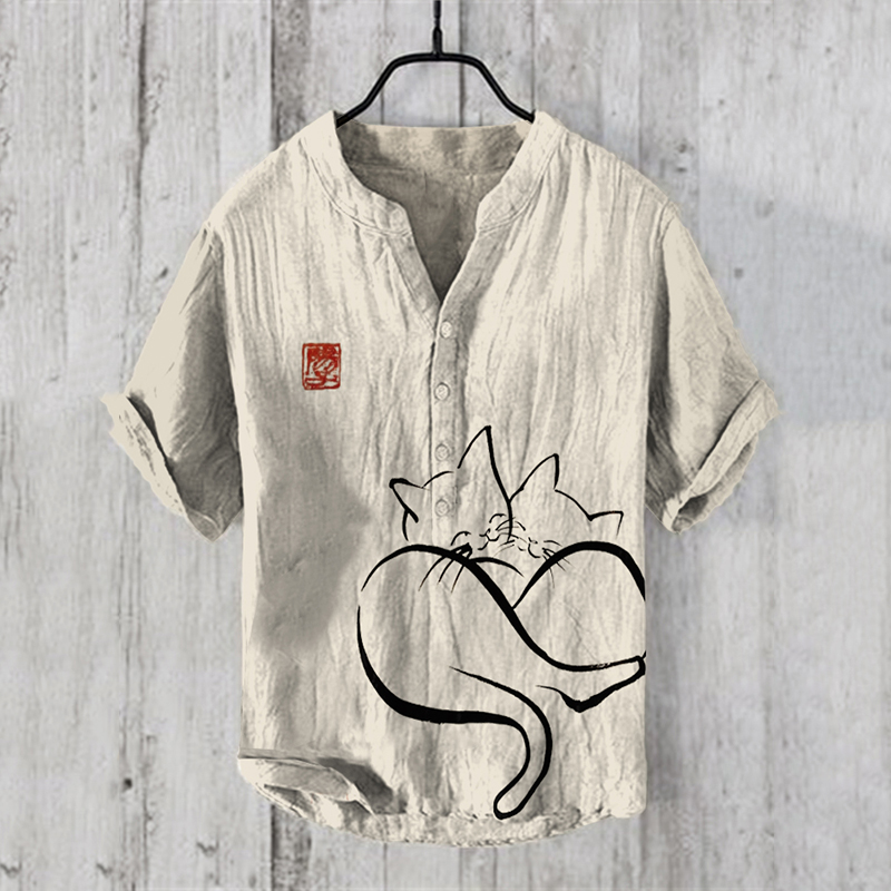 Japanese Ink Painting Of Two Cats Be Together Art Linen Blend Shirt elevenforest