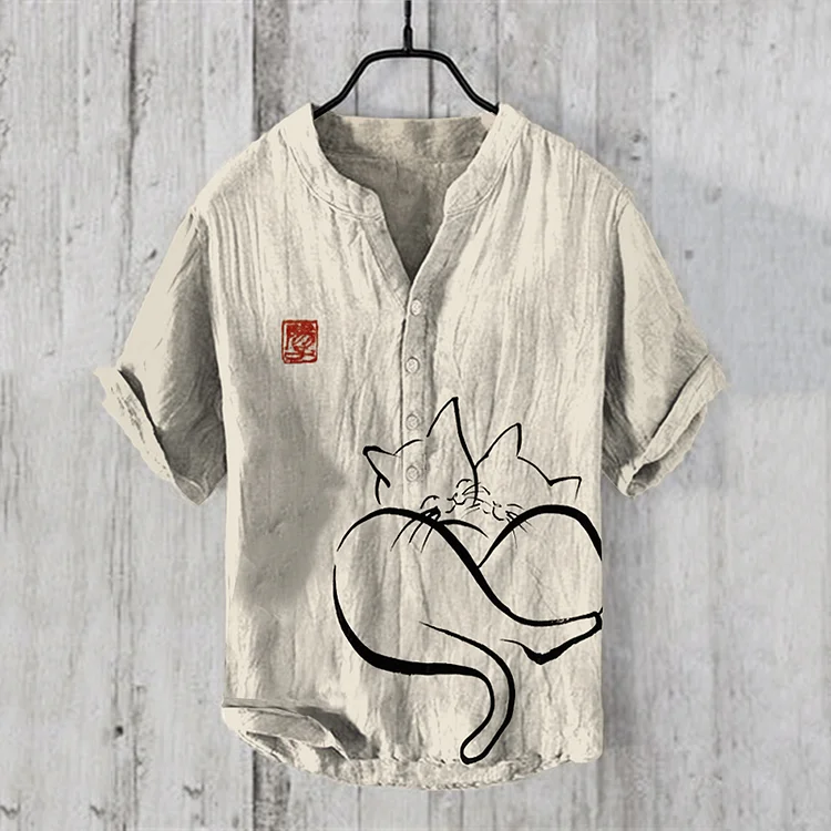 Japanese Ink Painting Of Two Cats Be Together Art Linen Blend Shirt