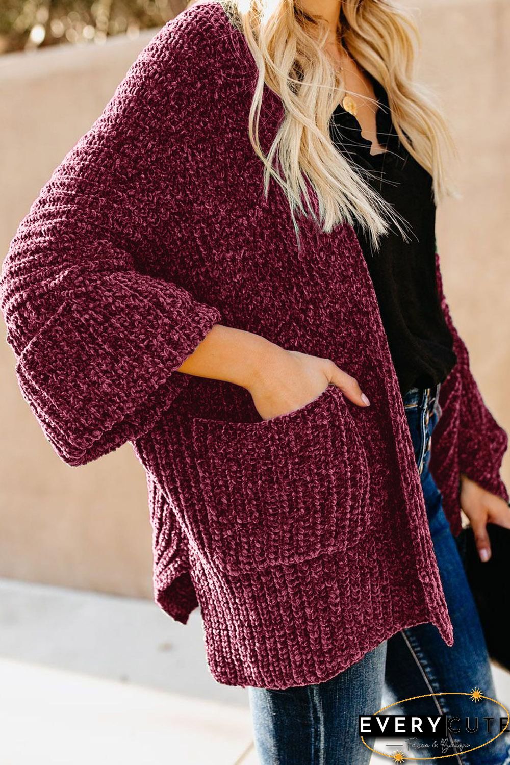 Red Norway Chenille Pocketed Cardigan