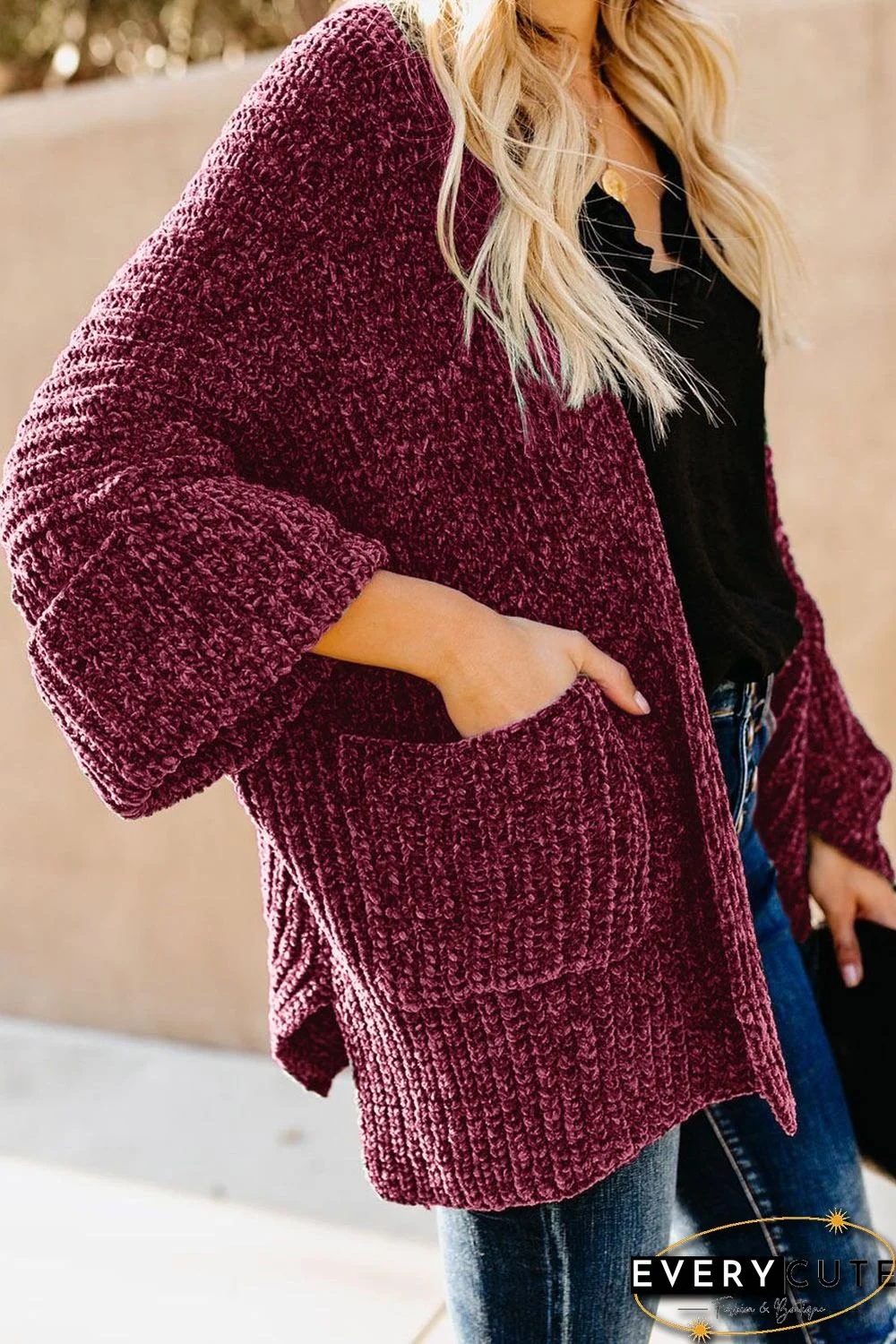 Red Norway Chenille Pocketed Cardigan