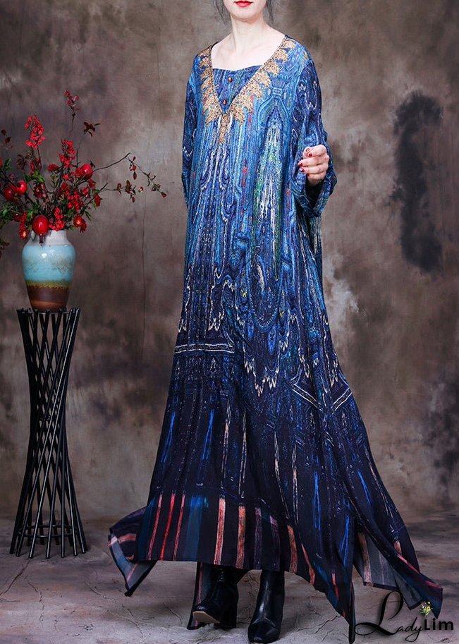 Elegant Peacock Blue V Neck Print Side Open Button Silk Long Dresses Summer