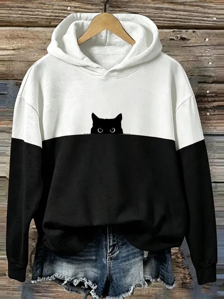 Comstylish Men's Vintage Peeking Black Cat Art Casual Hoodie