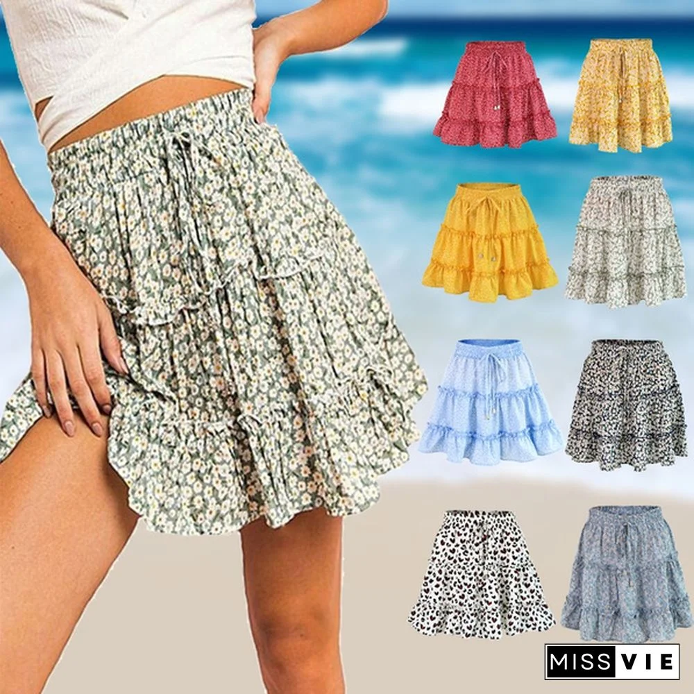 Women Fashion Casual Floral Short Skirts Summer High Waist Pleated Beach Skirt