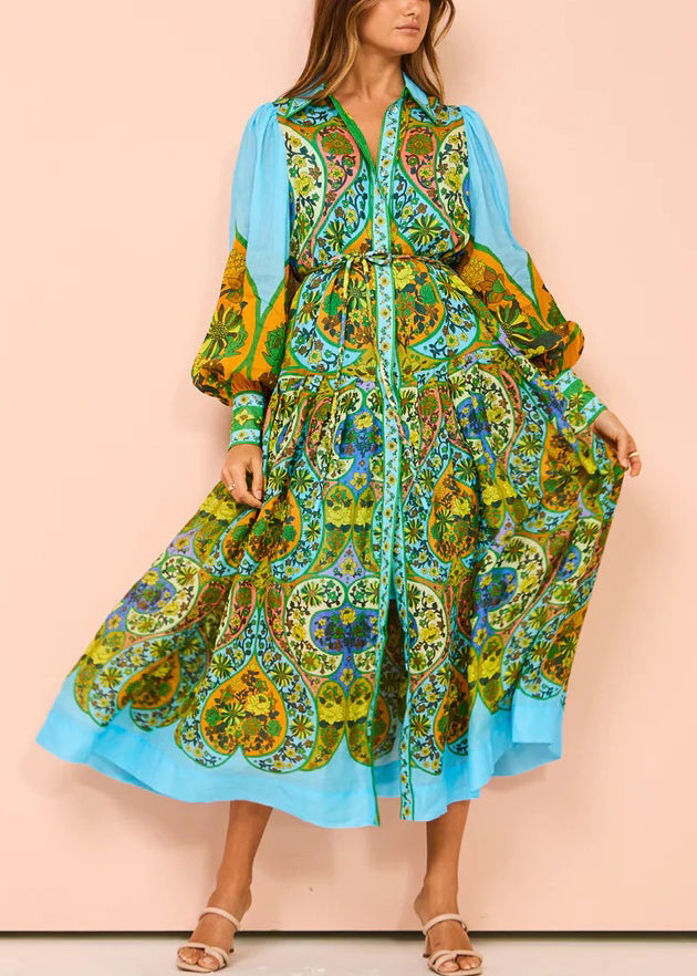 VCSHOES Sky Blue Print Tie Waist Linen Shirts Dress Long Sleeve