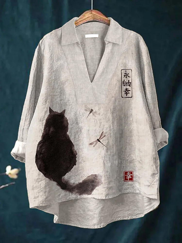 Japanese Art Cat Print Linen Shirt