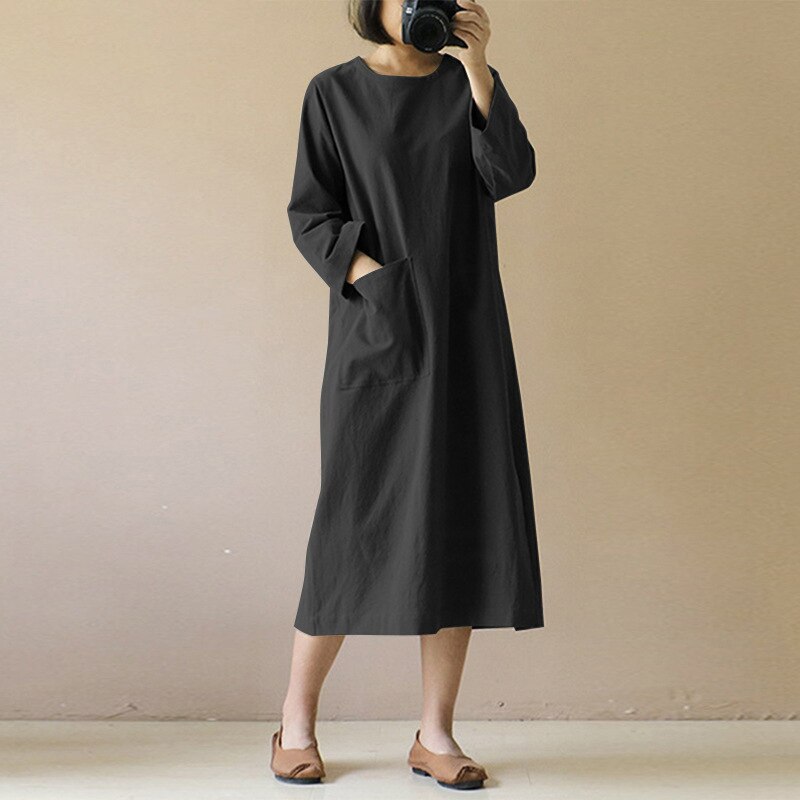 S-5XL Loose Cotton Linen Women Midi Dress Casual Long Sleeve Split Female Spring Autumn Robe Pocket Sudress Plus Size 120850WLA