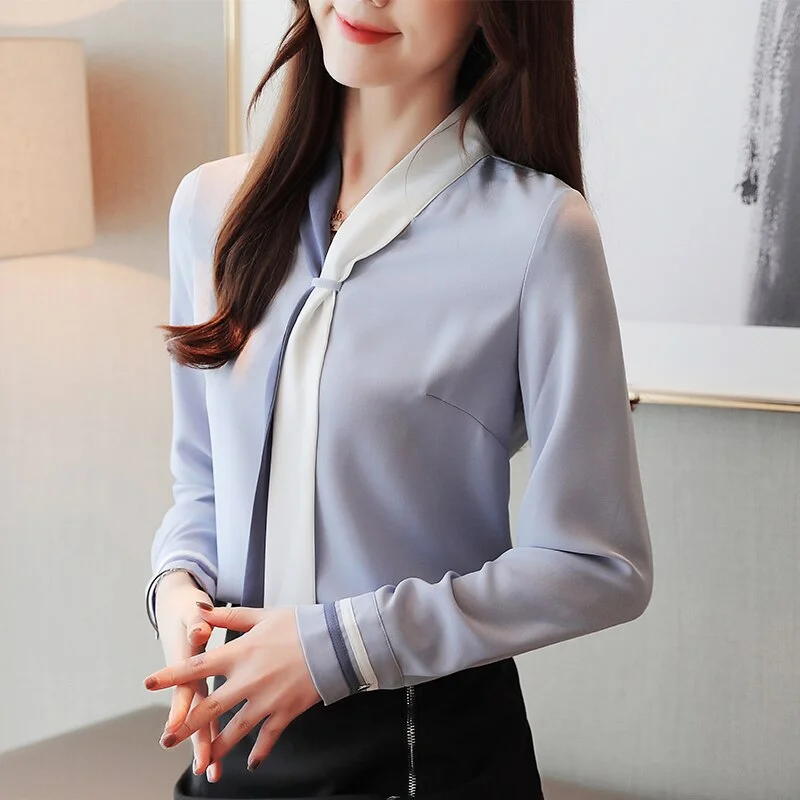 Blusas Mujer De Moda 2021 Tie V-neck Office Ladies Tops Long Sleeve Women Shirts Chiffon Blouse Womens Tops And Blouses B911