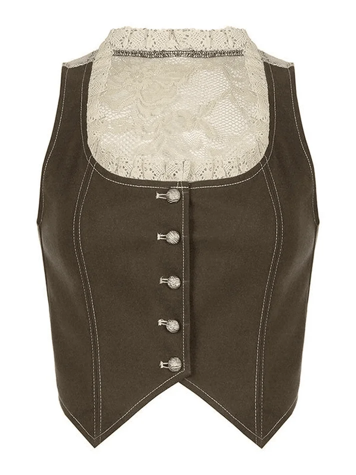 Brownm Patchwork Lace Button Down Corset Top