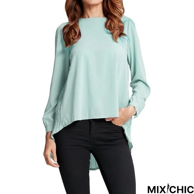 Chiffon Blouse Pleated Back Long Sleeve Asymmetric Shirt Loose Casual Plus Size Tops